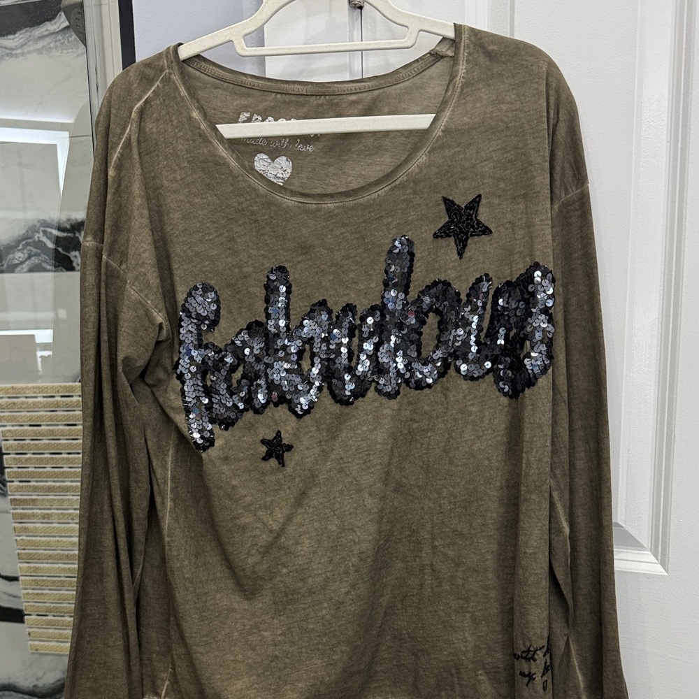 Fabulous Sequin Long Sleeve Top - Olive